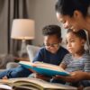 parent reading book to child at home