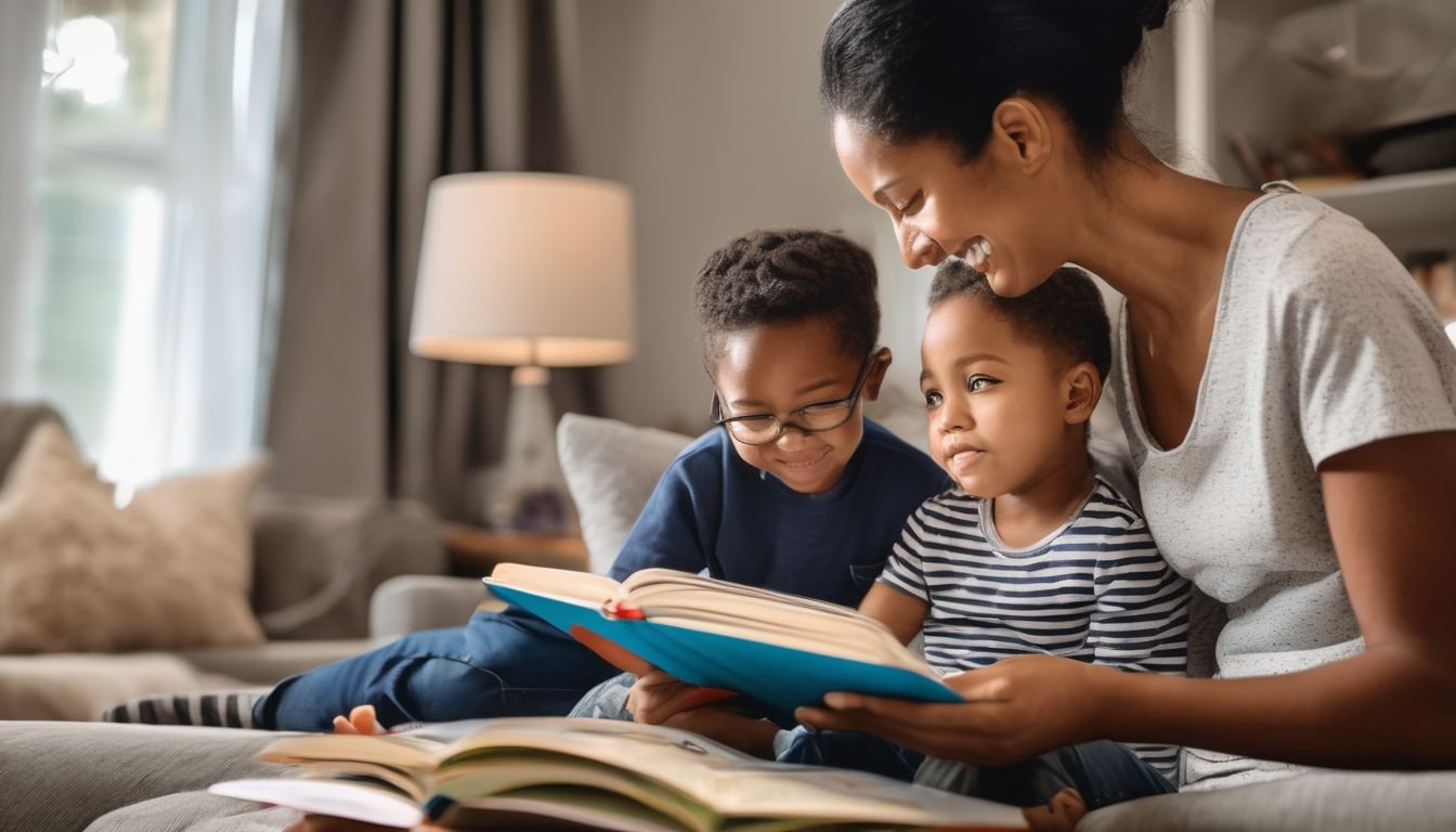 parent reading book to child at home
